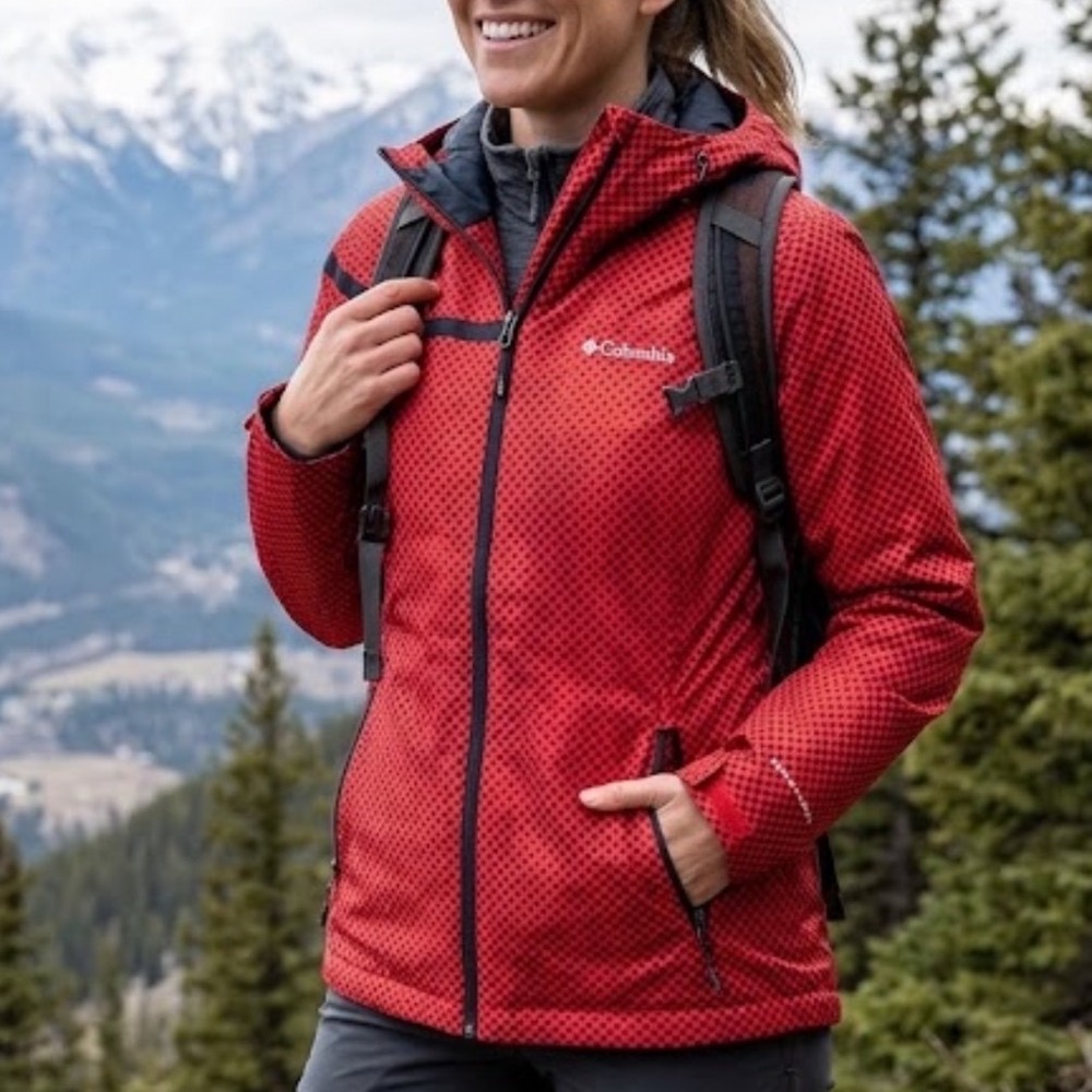 COLUMBIA | Women's Interchange Red Patterned Lightweight Hooded Rain Jacket, S